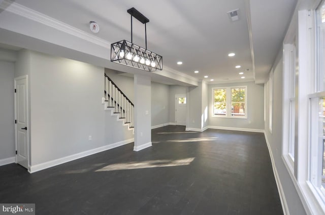 6200 Clay St NE, Washington, DC 20019 - unfurnished living room with recessed lighting, baseboards, stairs, crown molding, and dark wood finished floors