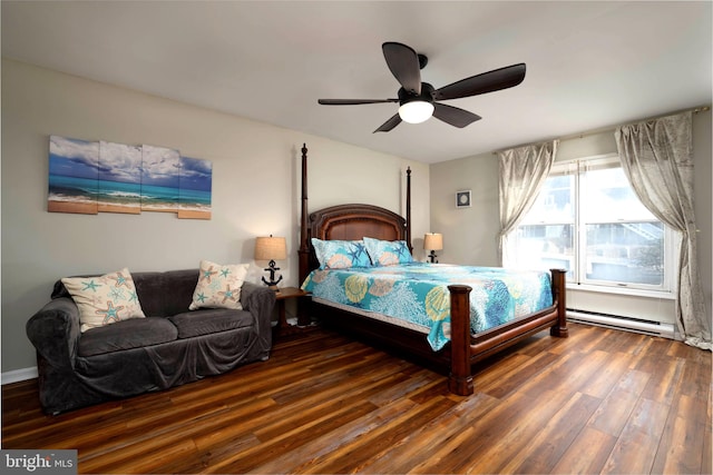 bedroom with ceiling fan, dark hardwood / wood-style floors, and baseboard heating