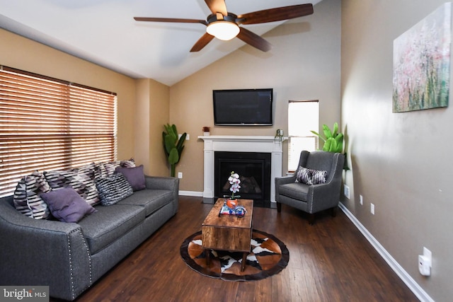 living room with dark hardwood / wood-style floors, ceiling fan, and vaulted ceiling