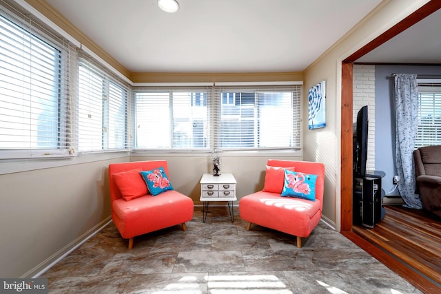 living area with crown molding