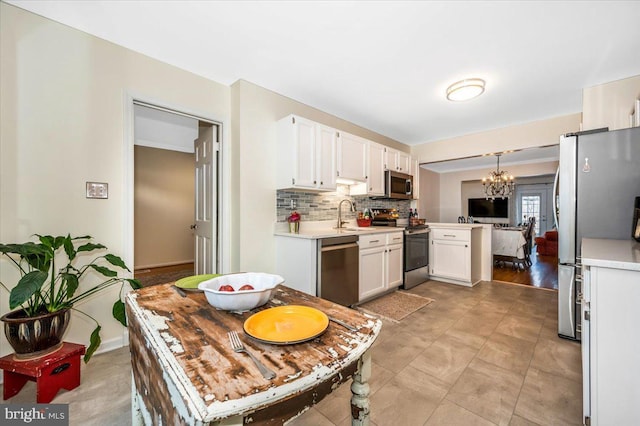 kitchen with white cabinetry, kitchen peninsula, hanging light fixtures, a notable chandelier, and appliances with stainless steel finishes