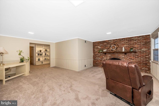 living room with light colored carpet and crown molding