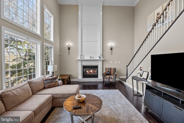 living room featuring a high ceiling, a fireplace, dark hardwood / wood-style floors, and crown molding