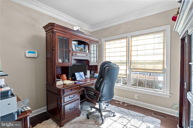 office space featuring hardwood / wood-style floors and ornamental molding