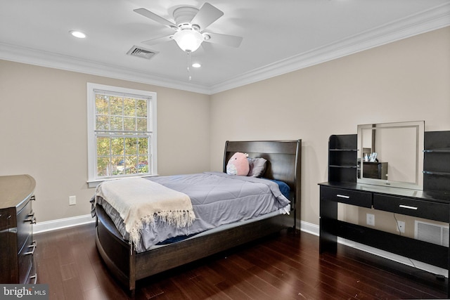 bedroom featuring ornamental molding, ceiling fan, and dark hardwood / wood-style floors