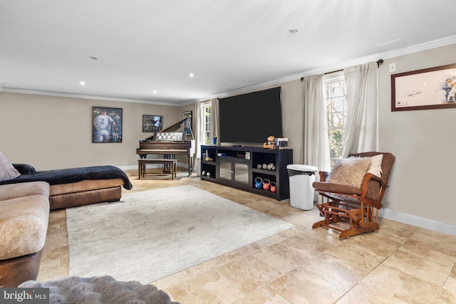 living room with ornamental molding