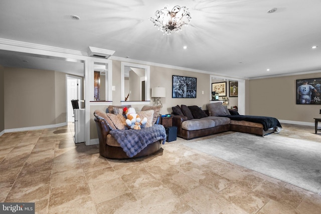 living room with a notable chandelier and crown molding