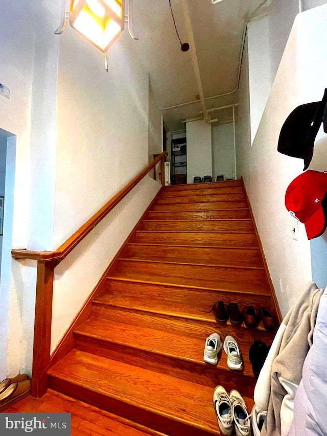 stairway featuring hardwood / wood-style flooring