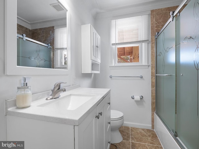 full bathroom with tile patterned floors, vanity, toilet, and ornamental molding