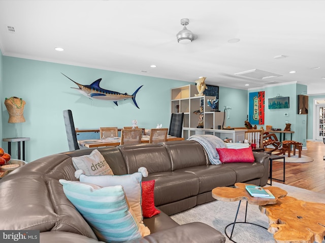 37601 Atlantic St Unit 8, Rehoboth Beach, DE 19971 - living area featuring crown molding, wood finished floors, recessed lighting, and attic access