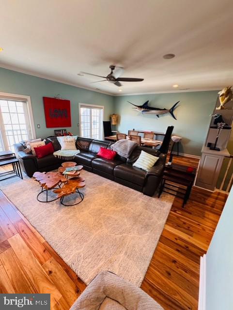 living room featuring hardwood / wood-style flooring, ceiling fan, and crown molding