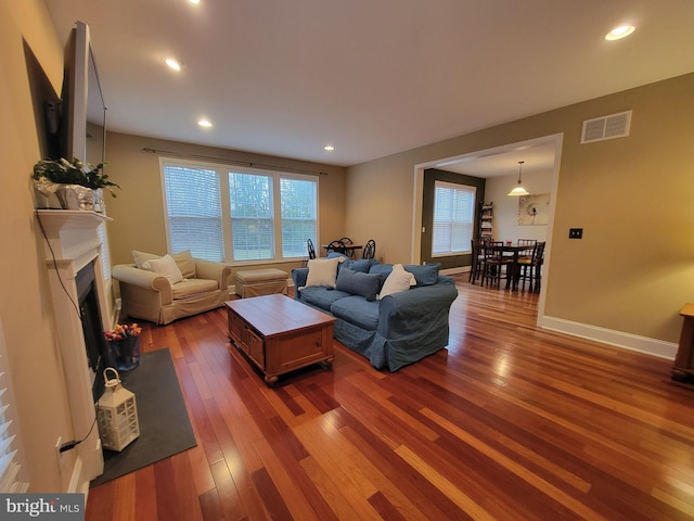 living room with dark wood-type flooring