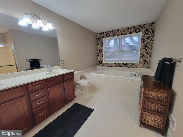 full bathroom with vanity, independent shower and bath, and toilet