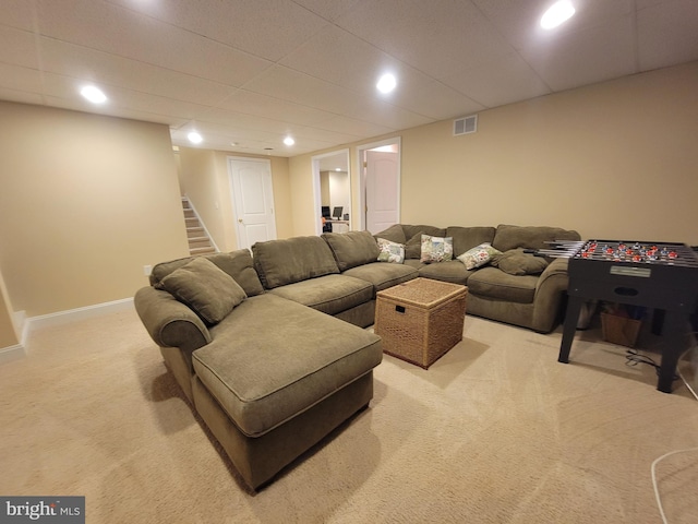 living room with light colored carpet