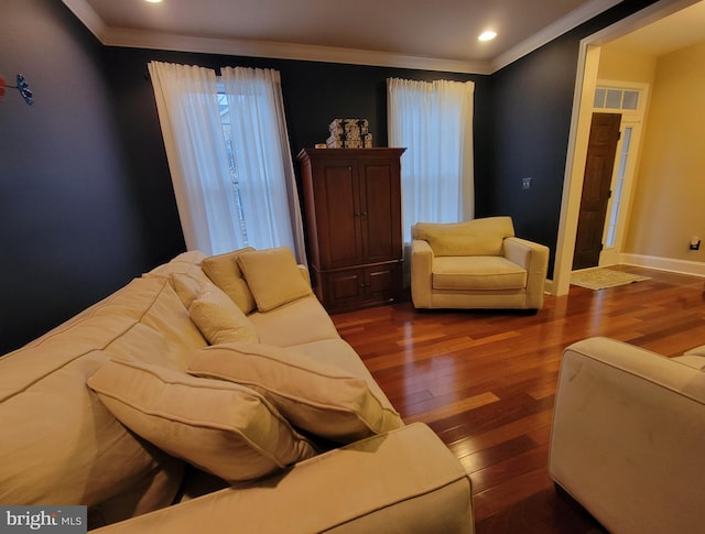 living room featuring ornamental molding and dark wood-type flooring