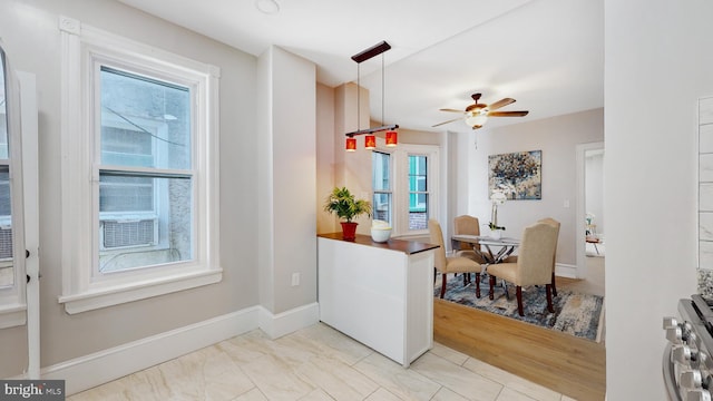 dining space featuring ceiling fan, light hardwood / wood-style floors, and a healthy amount of sunlight