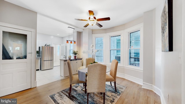 dining space featuring ceiling fan and light hardwood / wood-style floors