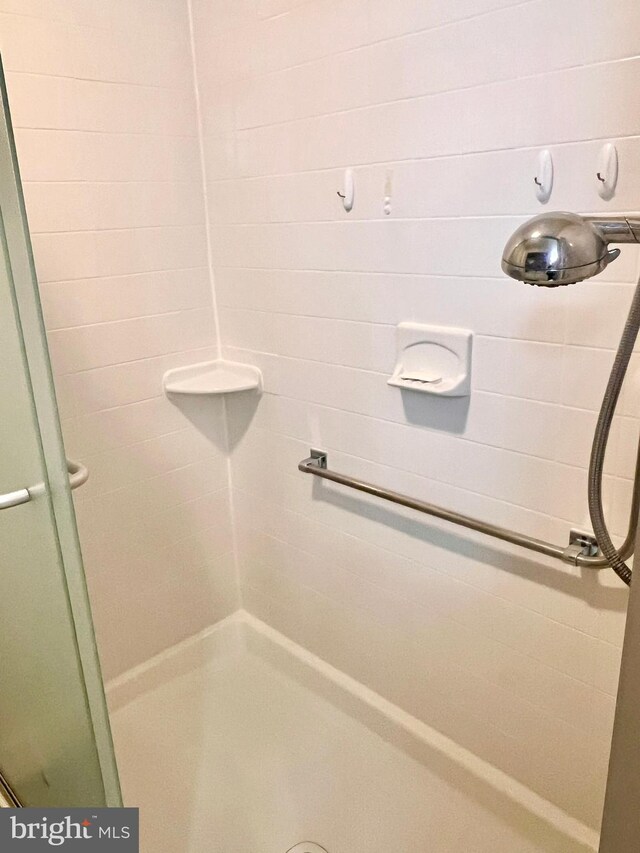 bathroom featuring a shower with door