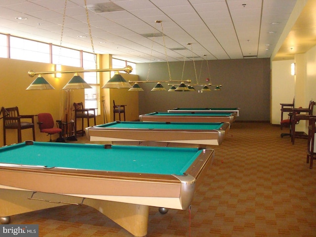 rec room featuring pool table and carpet