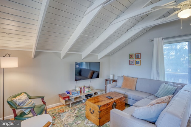 living room featuring lofted ceiling with beams, ceiling fan, and wood ceiling