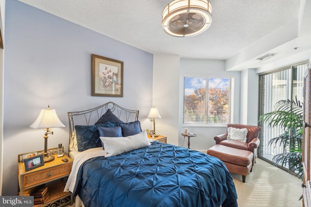 bedroom with carpet, a textured ceiling, and multiple windows