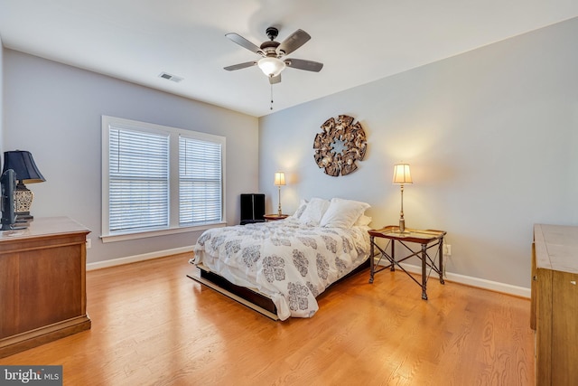 bedroom featuring ceiling fan and light wood-type flooring