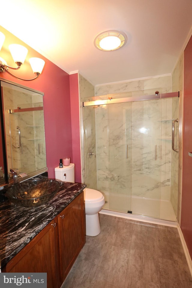 bathroom featuring toilet, vanity, wood-type flooring, and a shower with door