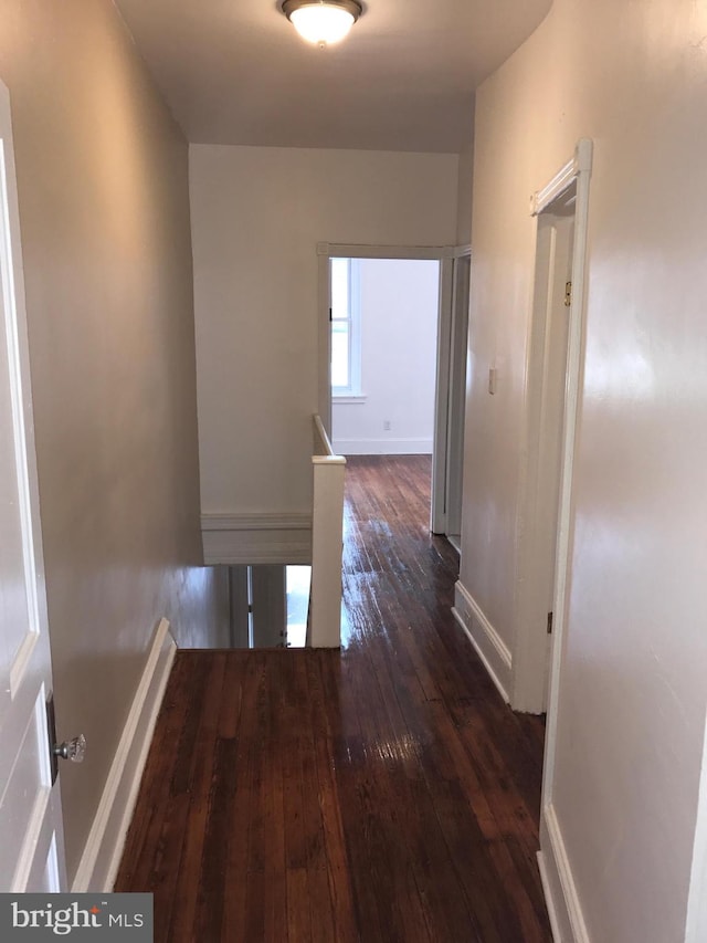 hallway with dark hardwood / wood-style flooring