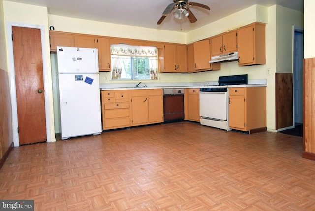 kitchen with light parquet flooring, white appliances, and ceiling fan