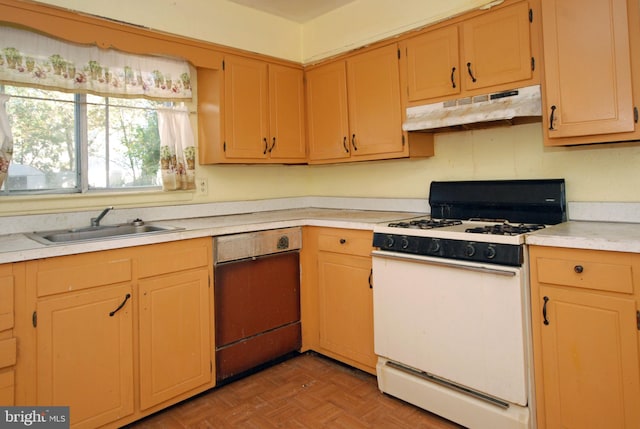 kitchen with white range with gas cooktop, black dishwasher, sink, and light parquet floors