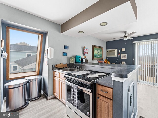 kitchen featuring sink, light hardwood / wood-style flooring, a wealth of natural light, and stainless steel electric range