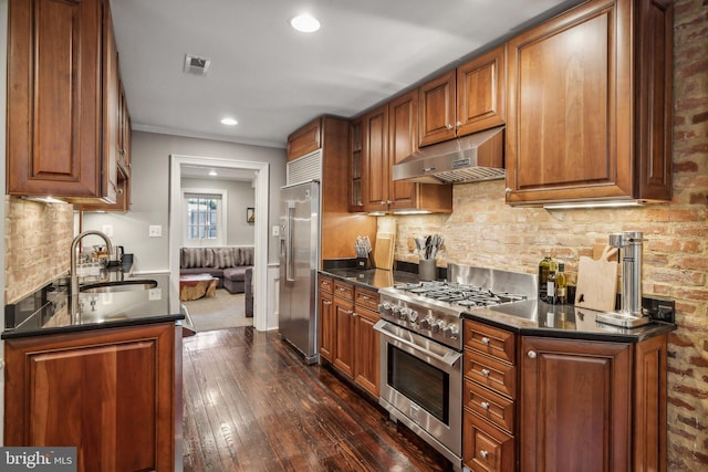 kitchen with crown molding, sink, dark hardwood / wood-style floors, tasteful backsplash, and premium appliances