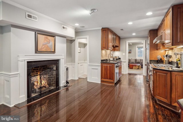 kitchen featuring backsplash, stainless steel dishwasher, dark wood-type flooring, crown molding, and sink