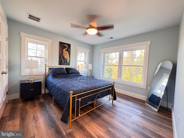 bedroom with multiple windows, dark hardwood / wood-style floors, and ceiling fan