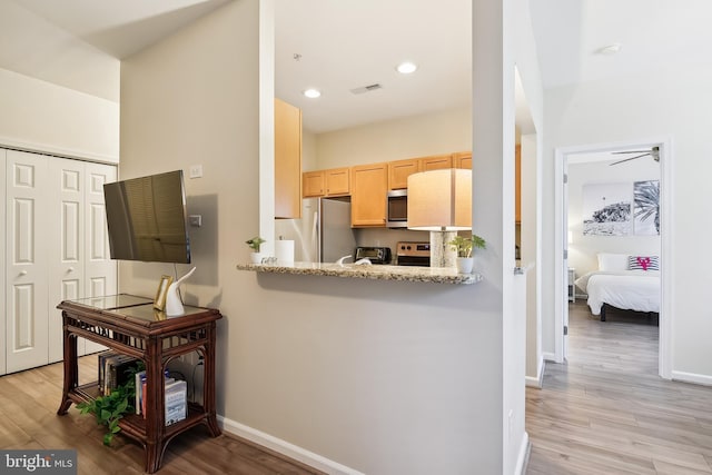 kitchen featuring ceiling fan, light brown cabinets, stainless steel appliances, and light wood-type flooring