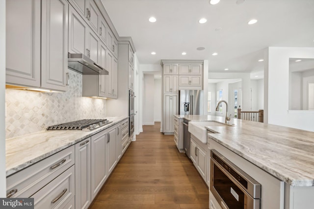 kitchen with dark wood-type flooring, sink, exhaust hood, light stone countertops, and appliances with stainless steel finishes