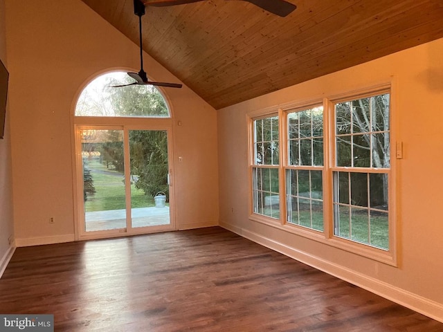 interior space with ceiling fan, high vaulted ceiling, wooden ceiling, and dark hardwood / wood-style floors