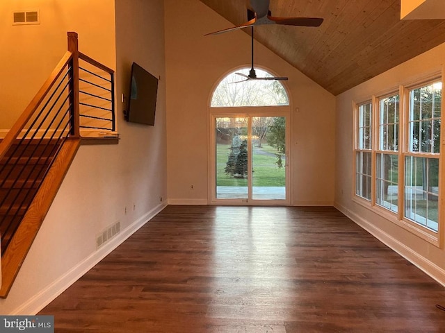 unfurnished living room with dark wood-type flooring, high vaulted ceiling, ceiling fan, and wooden ceiling