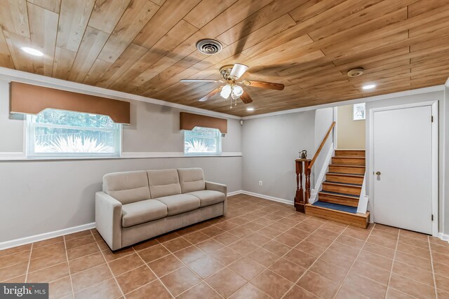 sitting room with ceiling fan, crown molding, wooden ceiling, and light tile patterned flooring