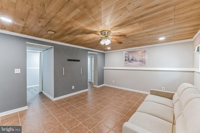 living room featuring wood ceiling, tile patterned floors, ceiling fan, and crown molding