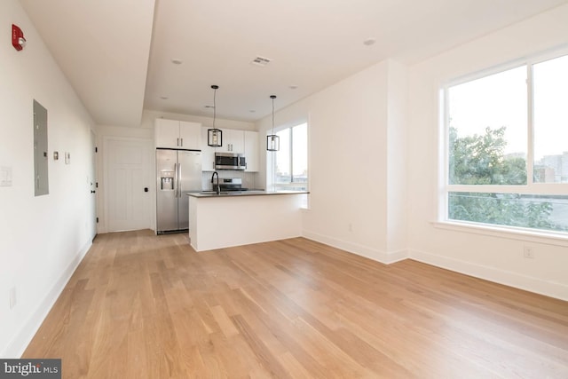 kitchen with stainless steel appliances, light hardwood / wood-style floors, electric panel, white cabinets, and pendant lighting