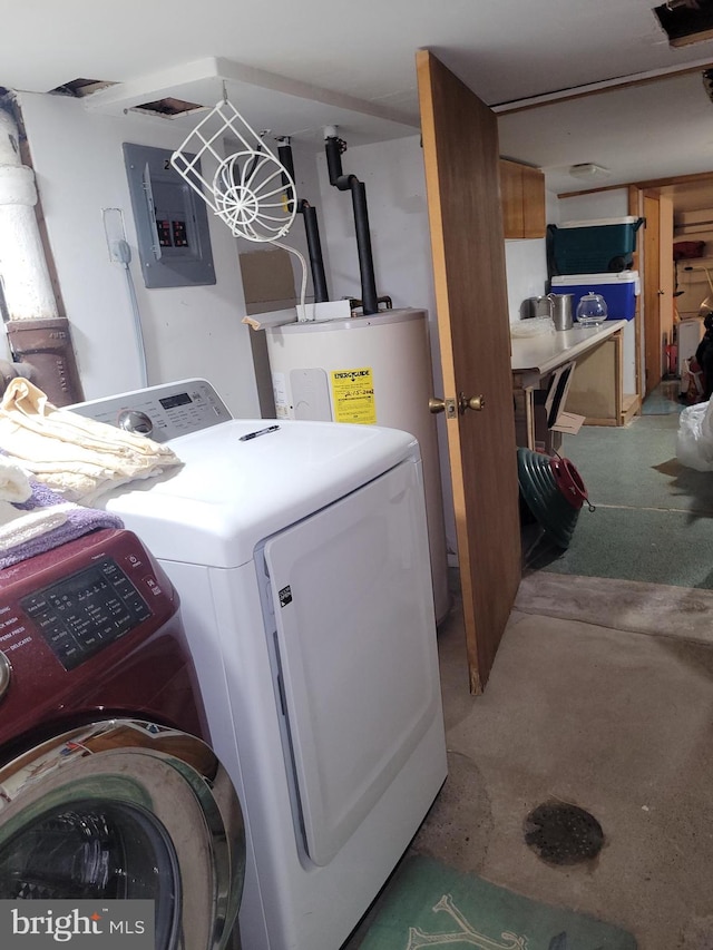 laundry room with washer / dryer, electric panel, and water heater