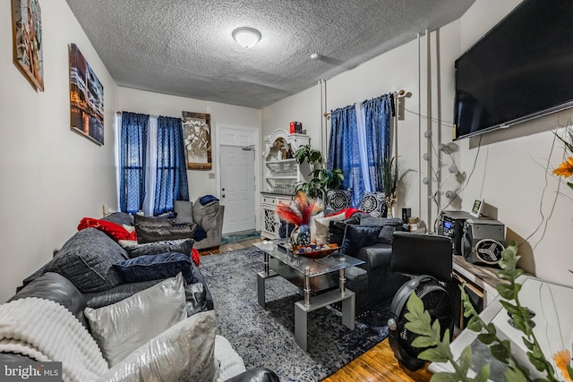 living room with a textured ceiling and hardwood / wood-style flooring