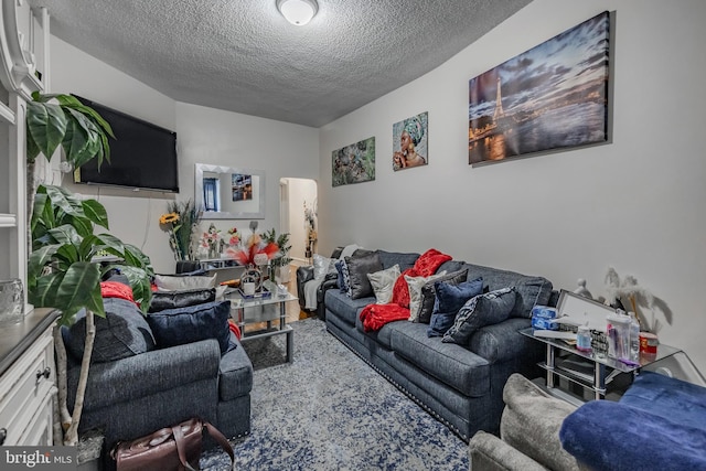 living room with a textured ceiling