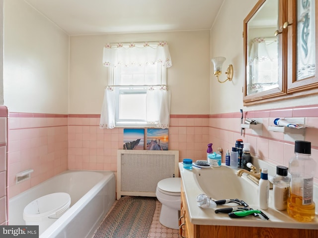 bathroom featuring tile walls, toilet, tile patterned floors, and radiator