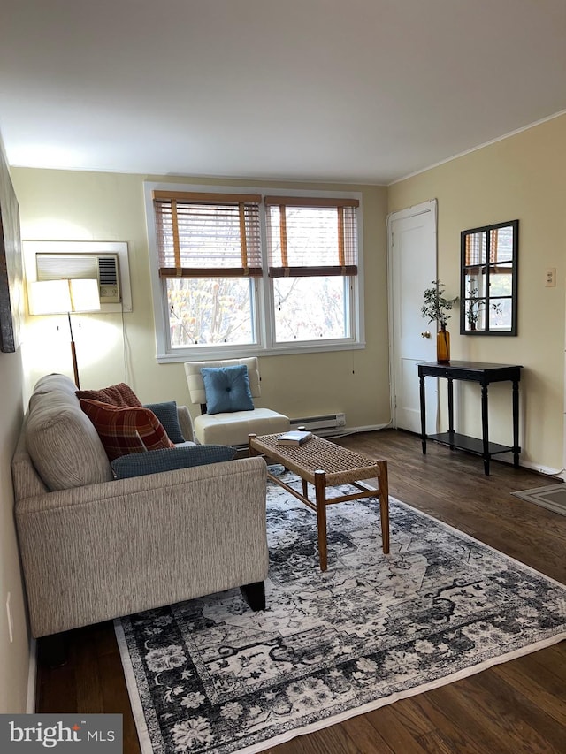 living room with dark hardwood / wood-style floors and baseboard heating