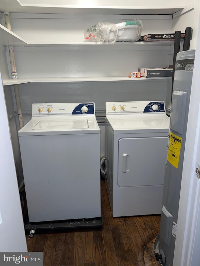 laundry room with independent washer and dryer, dark wood-type flooring, and water heater