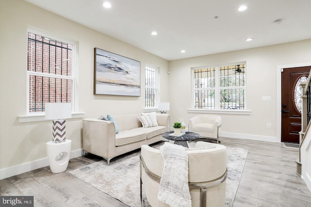 living room with a wealth of natural light and light hardwood / wood-style flooring