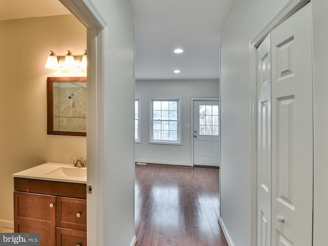 hall featuring wood-type flooring and sink