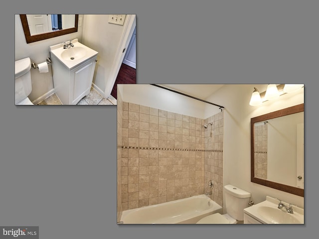 full bathroom featuring vanity, toilet, and tiled shower / bath